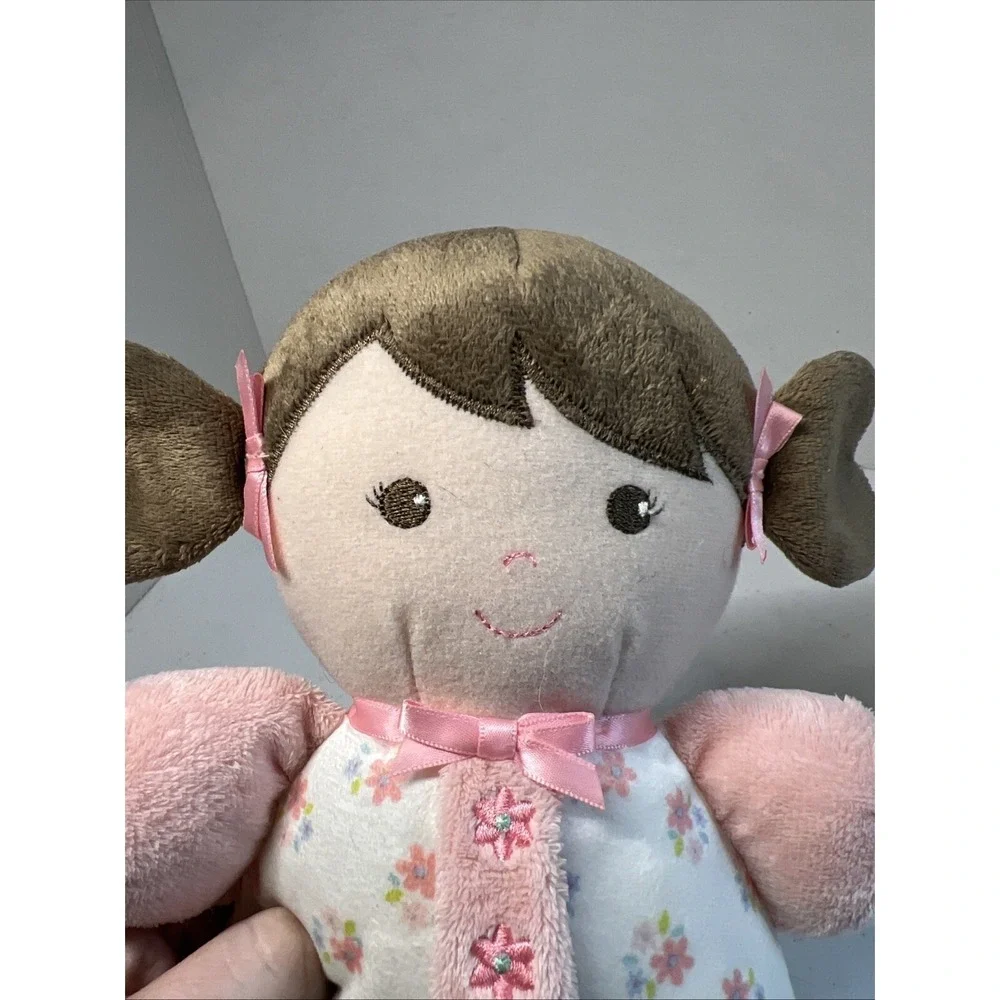 Baby Starters Olivia Rattle Doll Flower Floral Pink Plush Brown Hair Pigtails 9
